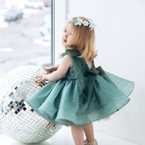 Emerald Green Birthday Girl Dress, Glitter Flower Girl Dress, Sparkling Toddler Dress, Open Back, Prom Gown, Special Occasion Outfit