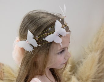 Diadema de niña de flores de mariposa, corona de cumpleaños y graduación, accesorio para el cabello de fiesta, adorno para el cabello de boda de mariposa rubor