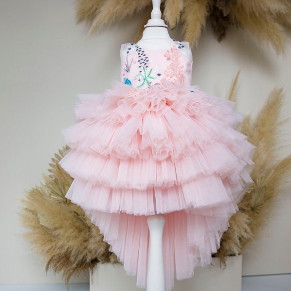 Blush Pink Birthday Baby Girl Dress, Mermaid Style Dress, Multilayered Puffy Flower Girl Dress, Pageant Toddler Dress, Tutu Tulle Baby Dress
