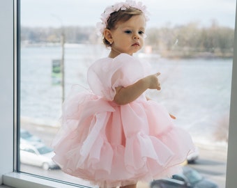 Vestido rosa de cumpleaños para niña, vestido de niña de las flores, tutú hinchado, bautizo, graduación de jardín de infantes, fiesta de cumpleaños, vestido de princesa, vestido para el primer cumpleaños