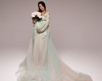 Mint Dress For Maternity Photoshoot, Wedding Maternity Gown With Long Train, Maxi Woman Dress, Floral Lace Dress For Pregnancy, Long Sleeve