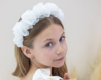 White Floral Flower Girl Crown, Birthday Headband, First Communion Girl Hair Accessory, Wedding Bridesmaid Hair Ornament, Prom Headband