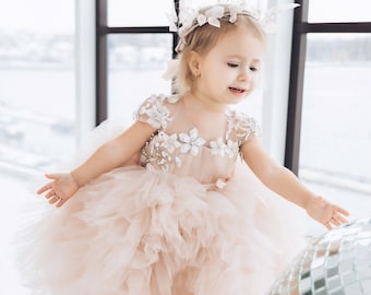 Tutu Cappuccino Birthday Girl Dress, Floral Lace Toddler Dress, Ruffles Prom Gown, Special Occasion Dress, 1st Birthday, Princess Dress