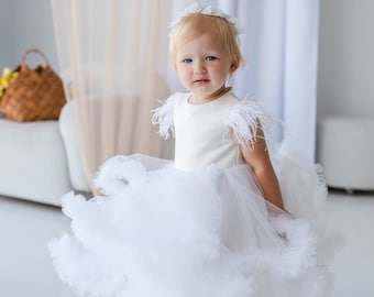 White Flower Girl Wedding Guest, Tutu Puffy Pageant Dress, Feathers, Communion, Formal Event Toddler Gown, Baby Birthday Photoshoot, Baptism