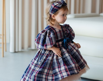 Blue & Red Christmas Plaid Dress, Photoshoot Baby Dress, Girl Santa Costume, Flannel Toddler Dress, Puffy Sleeve, Xmas Kids Outfit