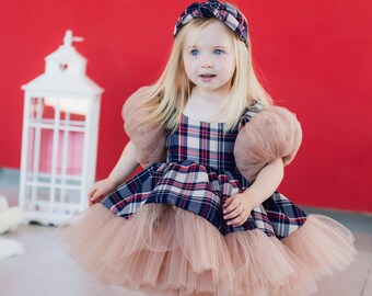 Ready To Ship, Baby Girl Christmas Dress, Tartan Skirt, Beige Plaid Gown, Photoshoot, Puffy Sleeve, Tutu Tulle Dress, Holiday Toddler Outfit