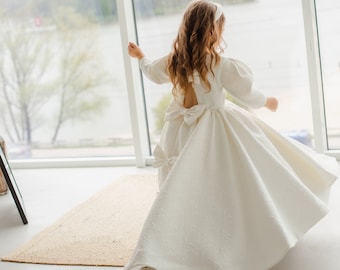 Blumenmädchen & Abschlussball-Kleid, Elfenbein-Creme-Maxikleid mit Schleppe, Erstkommunion, lange Ärmel, Geburtstagskindkleid, Festzug-Kleinkindkleid