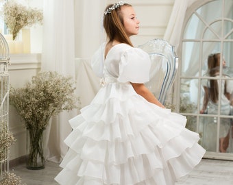 Ivory flower girl dress pageant tulle flower girl dress  wedding girl dress  junior bridesmaid flower girl gown baby girl gown with big bow