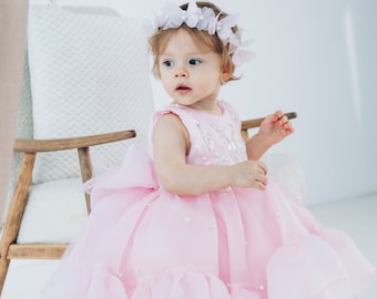 Baby Girl First Birthday Dress, Pink Flower Girl Dress, Tutu Tulle Gown, Short Feathers Sleeve, Puffy Knee Dress, Special Occasion Outfit