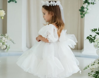 White First Communion & Flower Girl  Dress, Baptism, Birthday Girl Dress, Special Event, Tutu Knee Baby Gown, Pearls Embroider Prom Outfit