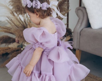 Ready To Ship, Pale Lilac Birthday Baby Girl Dress, Photoshoot, Flower Girl Gown, Knee Puffy Tutu Organza Dress, Special Occasion Kids Dress