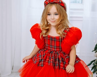 Christmas Baby Girl Dress, Red Plaid Christmas Gown, Christmas Photoshoot Costume, Puffy Sleeve, Tutu Kids Dress, Toddler Xmas Outfit
