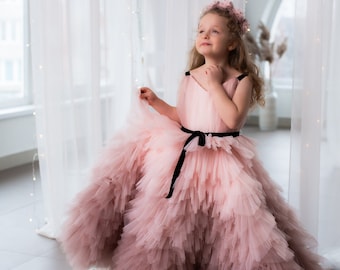 Maxi Puffy Dusty Rose Flower Girl & Prom Gown, Multilayered Ruffles Birthday Party Toddler Dress, Photoshoot, Pageant Ombre Baby Dress