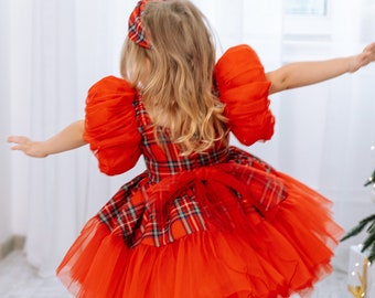 Christmas Baby Girl Dress, Red Plaid Christmas Gown, Christmas Photoshoot Costume, Puffy Sleeve, Tutu Kids Dress, Toddler Xmas Outfit
