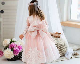 Pink Lace Flower Girl Dressy Gown, Birthday Party Baby Dress, Mid Calf, Long Lace Sleeve, Graduation & Pageant Girl Dress, Baptism Outfit