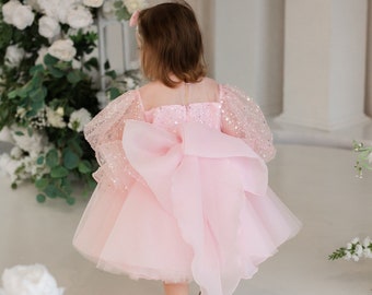 First Birthday Dress, Pink Sparkling, Tulle Tutu Knee, Flower Girl Dress, Long Sleeve, Big Bow, Photoshoot, Toddler Dress, Graduation Gown