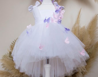White Butterfly Birthday Party Dress, Flower Girl Dress, Baptism Baby Dress, Purple & Pink Butterfly, Infant Special Occasion Dress