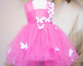 Pink Butterfly Birthday Baby Girl Dress, Flower Girl, Tutu Tulle Toddler Dress, Butterfly Prom Party Dress, Special Occasion, Fairy Dress