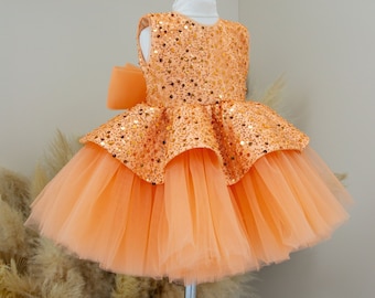 Orange Shinning Party Dress, Sparkling Dressy Baby Girl Gown, Birthday Party, Graduation, Flower Girl Puffy Gown, Toddler Big Bow Dress