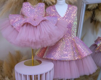Pink Sparkling Matching Dresses, Mother & Daughter, Birthday Party, Photoshoot, Wedding Guest, Prom, Evening Gown, Tutu Tulle, Sequin Dress