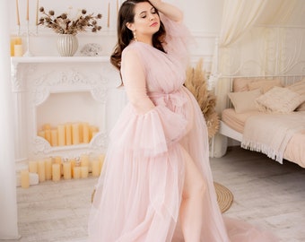 Maternity Dress For Photoshoot, Transparent Boudoir For Woman, Maxi Blush Tulle Robe, Long Sleeve, Photo Shoot Pregnancy, Custom Size