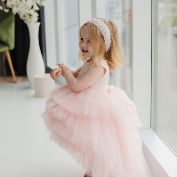 Pink Flower Girl & Birthday Dress, Tutu Ruffled Toddler Dress, Cake Smash Baby Photoshoot, Special Occasion Dress, Floral Lace