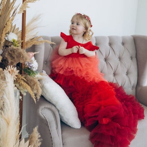 Red birthday party low high dress for girls, gorgeous gown with long train for kids, kids formal clothes, custom sized Red tulle dress