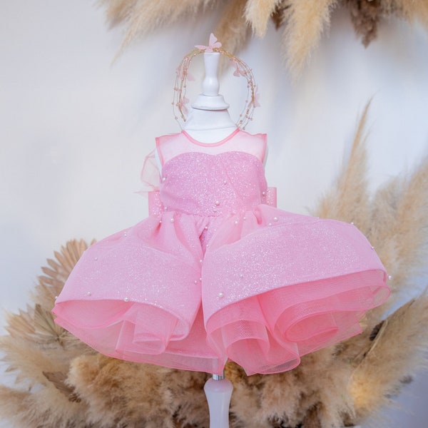 Robe d'anniversaire rose pailletée pour bébé, bouquetière, robe de graduation, robe scintillante pour premier anniversaire, robe tutu avec perles au genou, occasion spéciale