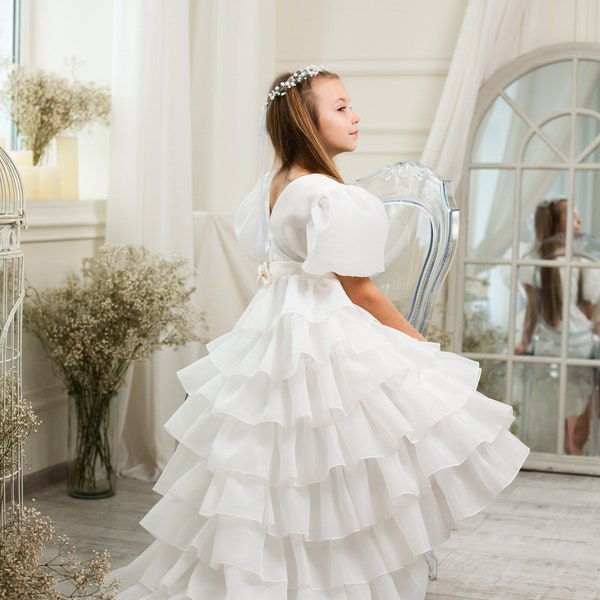 Ivory flower girl dress pageant tulle flower girl dress  wedding girl dress  junior bridesmaid flower girl gown baby girl gown with big bow