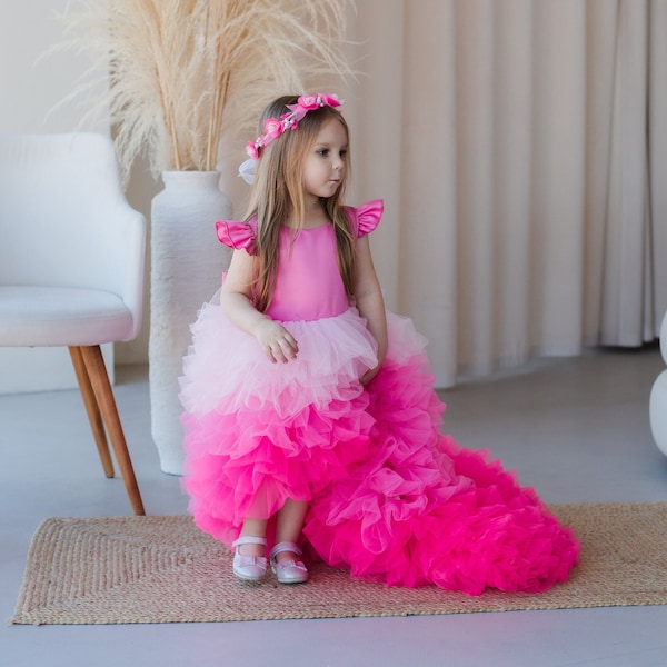 Hot Pink Flower Girl Long Train Dress, Birthday Girl Dress, Ombre Prom Ball Gown, Puffy Multilayered Toddler Dress, Special Occasion Outfit