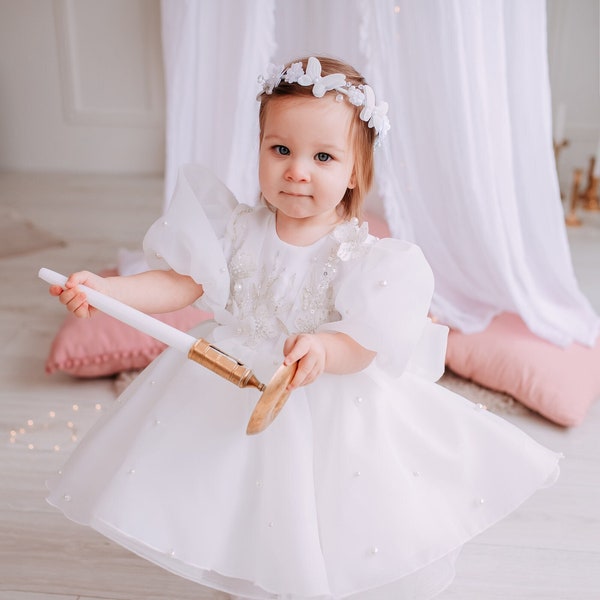 White Flower Girl Dress, Christening Infant Dress, Pearls First Birthday Dress, Sparkling Lace Toddler Dress, Prom Gown With Butterfy