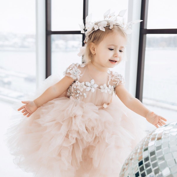 Tutu Cappuccino Birthday Girl Dress, Floral Lace Toddler Dress, Ruffles Prom Gown, Special Occasion Dress, 1st Birthday, Princess Dress