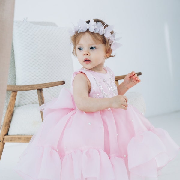 Baby Girl First Birthday Dress, Pink Flower Girl Dress, Tutu Tulle Gown, Short Feathers Sleeve, Puffy Knee Dress, Special Occasion Outfit