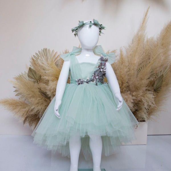 Sage Green Birthday & Flower Girl Dress, Floral Lace Toddler Dress, Prom Tulle Dress, Special Occasion Baby Dress, Tutu Hi Lo Pageant Gown