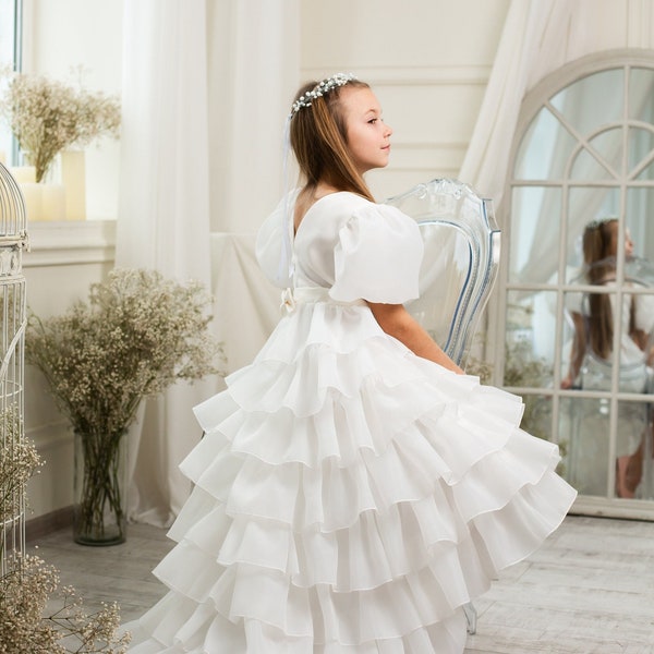 Robe longue bohème blanche avec bal de promo et fille d'honneur, première communion, robe de mariage pour enfant en bas âge, volants gonflés multicouches, robe d'anniversaire pour fille