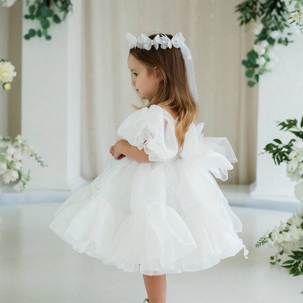 White First Communion & Flower Girl  Dress, Baptism, Birthday Girl Dress, Special Event, Tutu Knee Baby Gown, Pearls Embroider Prom Outfit