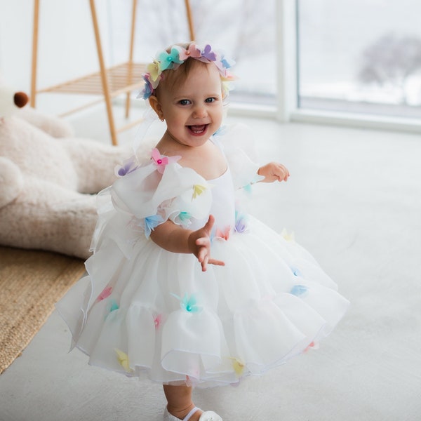 Butterfly Birthday Baby Girl Dress, Ready To Ship, Tutu White Girl Dress, Multicolored Butterfly, Pageant Party Toddler Dress, Delivery USA