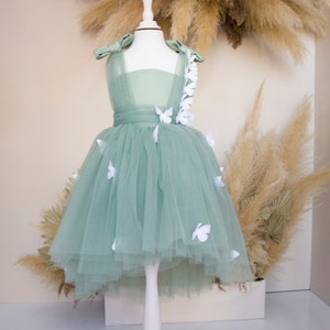 Sage Green Birthday Girl Dress With Butterfly, Flower Girl Dress, Hi Lo Tulle Toddler Dress, Party Butterfly Style, Prom Gown, Fairy Pageant