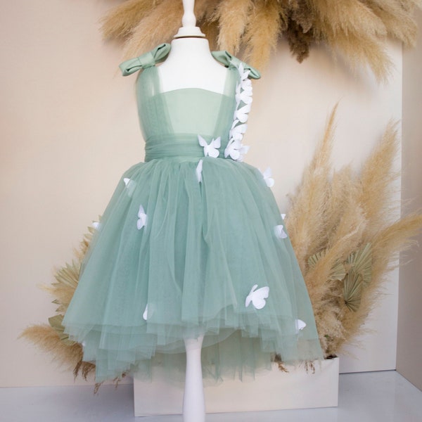 Sage Green Birthday Girl Dress With Butterfly, Flower Girl Dress, Hi Lo Tulle Toddler Dress, Party Butterfly Style, Prom Gown, Infant Outfit