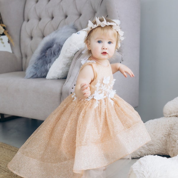 Butterfly First Birthday Dress, Glitter Toddler Dress, Peach Flower Girl Dress, Long Sleeve, Prom Gown, Special Occasion Baby Girl Dress