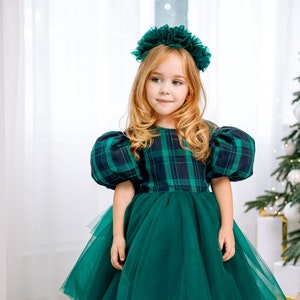 Emerald Green Christmas Girl Dress, Plaid Baby Dress, Christmas Photoshoot Costume, Puffy Sleeve, Tutu Tulle Kids Dress, Toddler Xmas Outfit