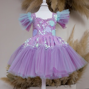 Purple Birthday Girl Dress, Shell Sparkling Baby Dress, Marine Style Party Dress, Mermaid Toddler Dress, Prom Dress, 1st Birthday Dress