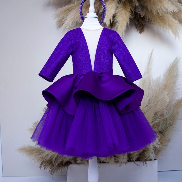 Purple Glitter Toddler Dress, Birthday Girl Dress, Flower Girl Dress, Long Sleeve, Knee Dress, Prom Gown, Special Occasion Baby Dress