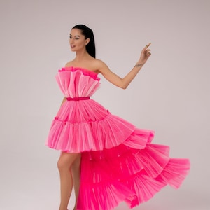 Pink Cocktail Dress, Prom Dress, Off Shoulders, Multilayered Detachable Train, Wedding Guest Dress, Bridesmaid Dress, Tulle Party Woman Gown