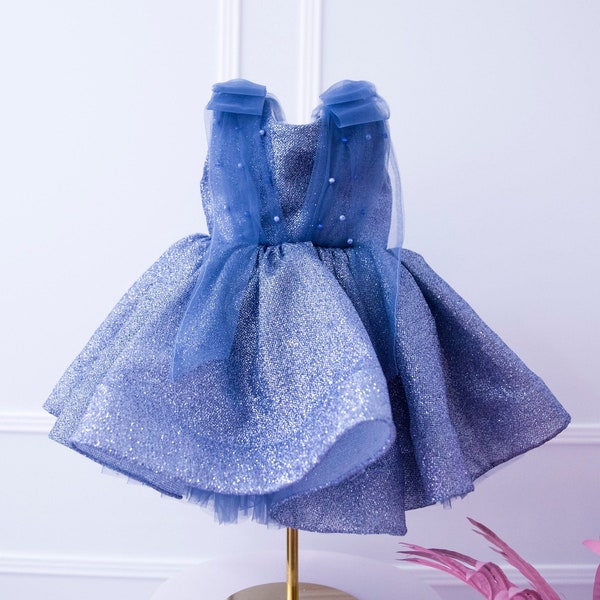 Navy Blue Sparkling Toddler Dress, Birthday Girl Dress, Glitter Flower Girl Dress, Knee Baby Dress, Prom Gown, Smash Cake Photoshoot