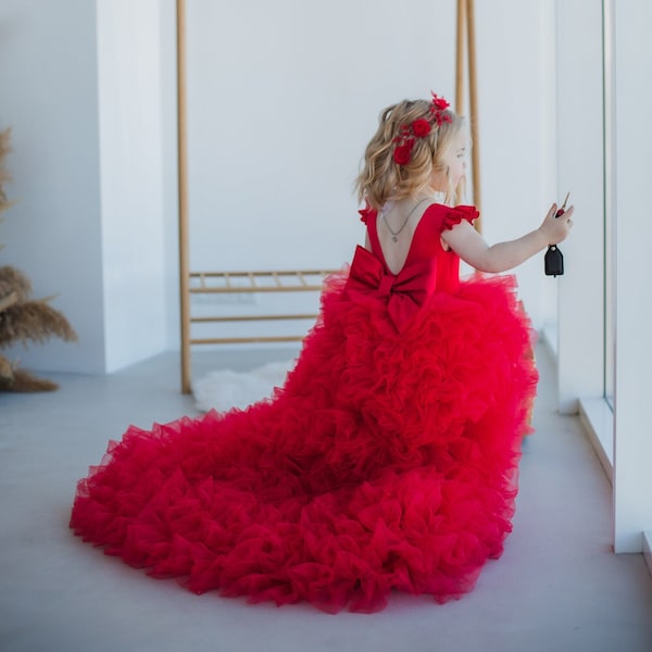 Red Birthday Girl Dress With Long Sweep Train, Ready To Ship, Flower Girl Dress, Tutu Multilayered Baby Dress, Toddler Dress, Prom Ball Gown