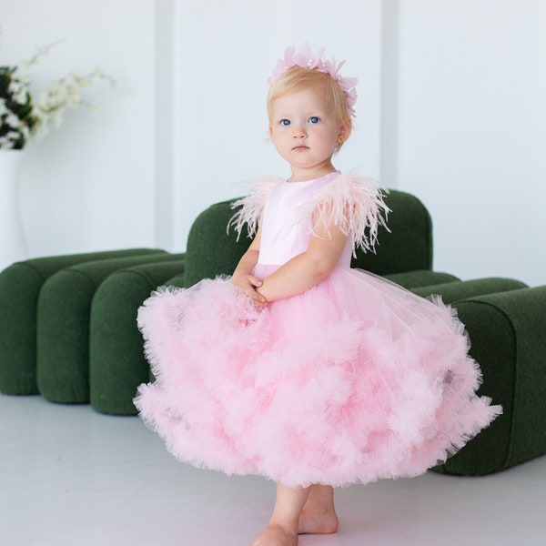 Pink Tutu Puffy Graduation Ball Dress, Birthday Toddler Dress, Feathers Sleeve, First Communion, Special Occasion, Photoshoot Baby Girl