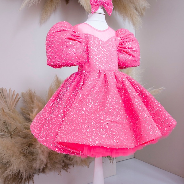 Hot Pink Birthday Girl Dress, Sparkling Toddler Dress, Puffy Sleeve, Prom Dress, Dance Dress, Doll Girl Dress, Special Occasion Baby Dress