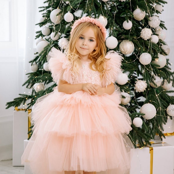 Peach Flower Girl Gown, Birthday Girl Dress, Ruffled Tulle Baby Dress, Feather Sleeve, Lace Prom Dress, Special Occasion Kids Dress