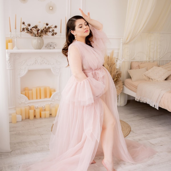 Maternity Dress For Photoshoot, Transparent Boudoir For Woman, Maxi Blush Tulle Robe, Long Sleeve, Photo Shoot Pregnancy, Custom Size